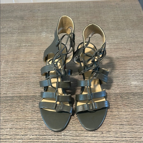 Marc Fisher Gray and Green Heeled Sandals‎ with Lace-Up Straps - Picture 1 of 8
